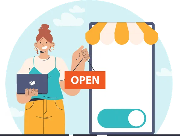 Girl holding open board for online shopping  Illustration