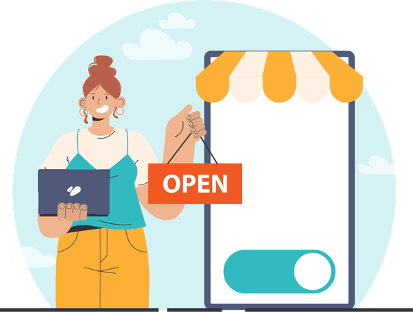 Girl holding open board for online shopping  Illustration