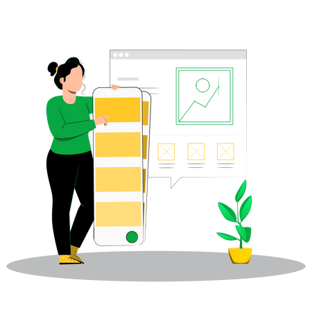 Girl holding palette of colors in design studio  Illustration
