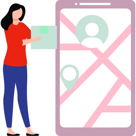 Girl holding parcel looking at location on mobile  Illustration