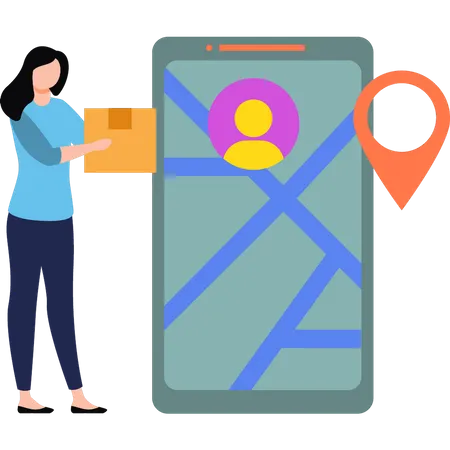 The Girl Holding The Parcel Is Looking At The Location On The Mobile Phone Illustration