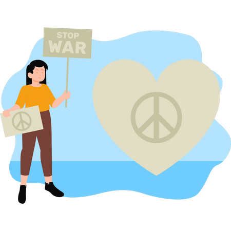 Girl holding peace and stop war signboard Illustration