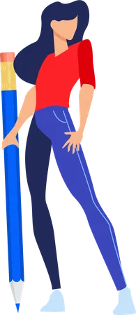 Girl holding pencil while giving standing pose  Illustration