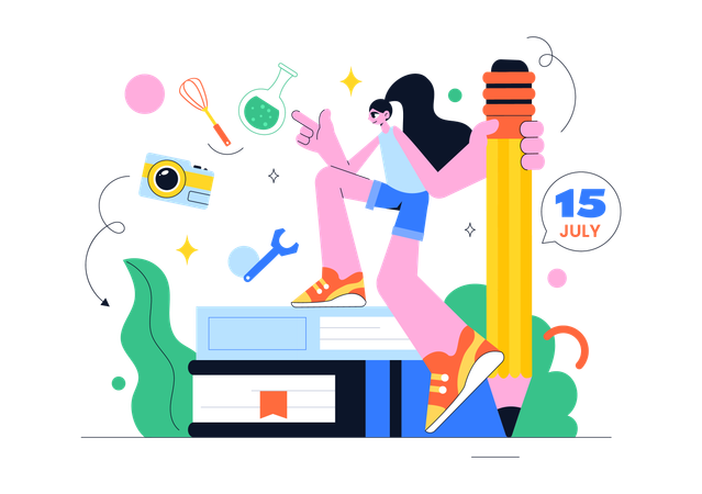 Girl holding pencil with books  Illustration