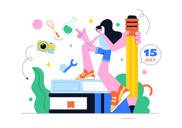 Girl holding pencil with books  Illustration