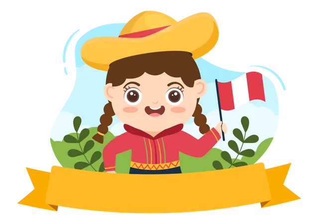 Girl Holding Peru Flag on Independence day Illustration