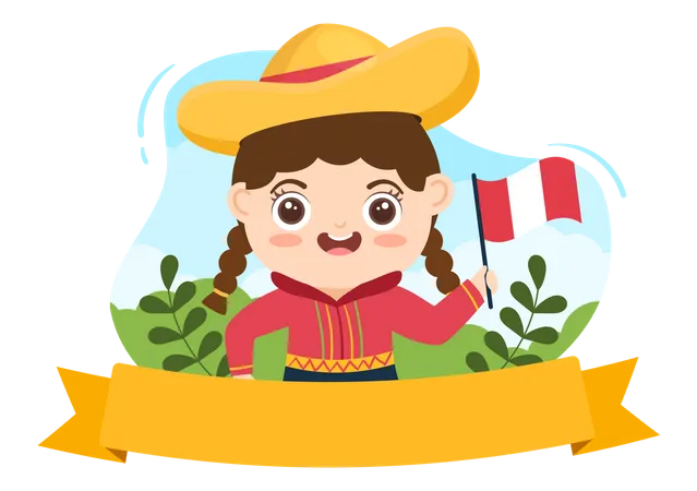 Girl Holding Peru Flag on Independence day  Illustration