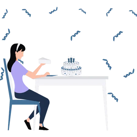 The Girl Is Holding A Piece Of Cake Illustration