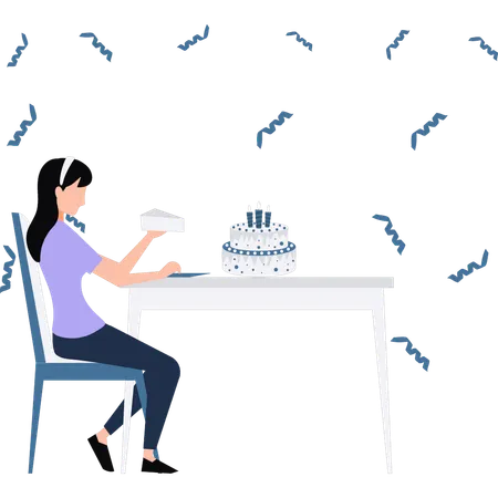 Girl holding  piece of cake  Illustration