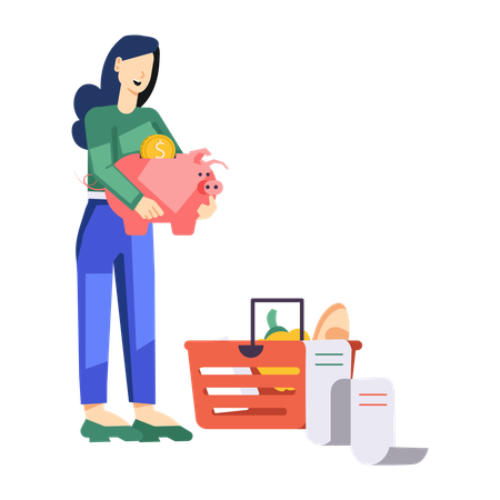 Girl holding piggy bank for paying Grocery Bill  Illustration