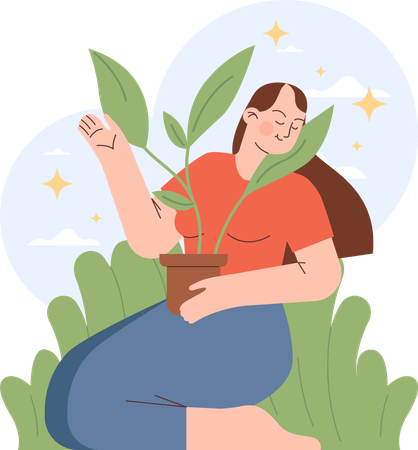 Girl holding plant pot  Illustration