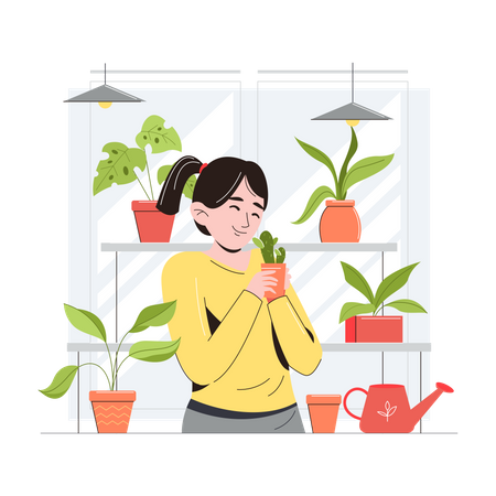 Girl holding plant pot Illustration