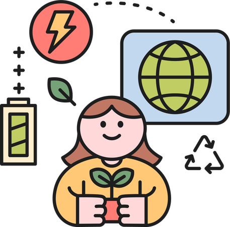 Girl holding plant while use eco energy  Illustration
