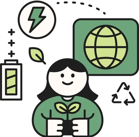 Girl holding plant while use eco energy  Illustration