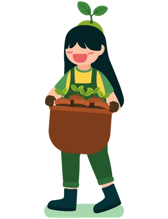 Girl holding plants pot Illustration
