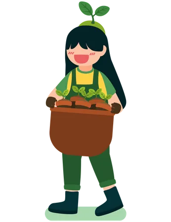 Girl holding plants pot  Illustration