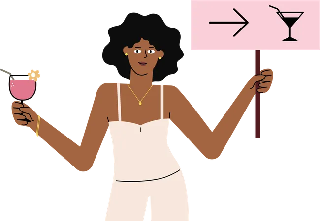 Flat Hand Drawn Black Woman Is Enjoying Vacation Tasting Alcohol Drink And And Invites You To Join Illustration
