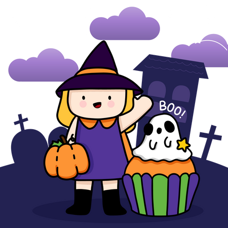 Girl holding pumpkin and celebrating Halloween  Illustration