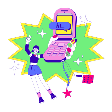 Girl holding Retro flip phone and 2000s aesthetic  Illustration