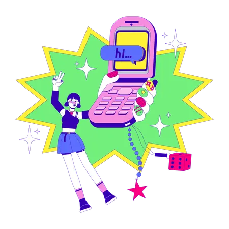 Girl holding Retro flip phone and 2000s aesthetic  Illustration