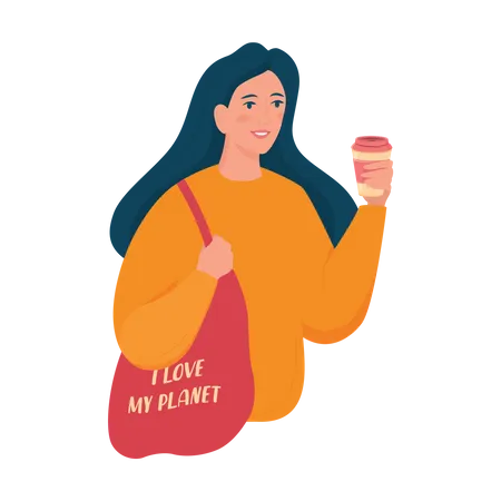 Girl holding reusable coffee cup  Illustration