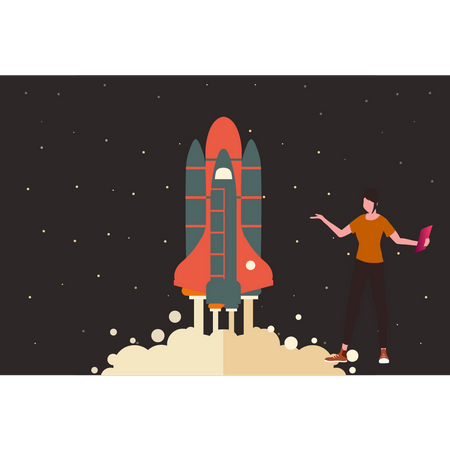 Girl holding rocket launching file  Illustration