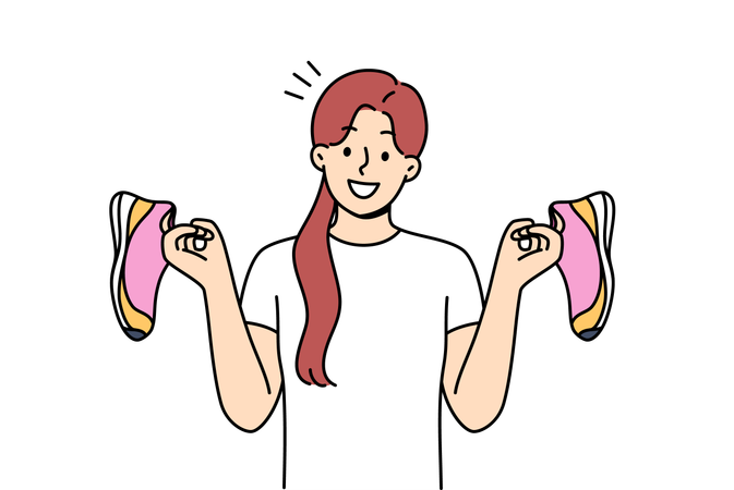 Girl holding running shoes for running and recommending use high-quality shoes for sports  イラスト