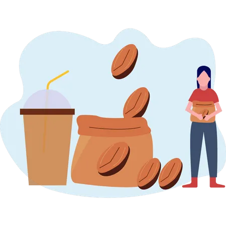 The Girl Is Holding A Sack Of Coffee Illustration