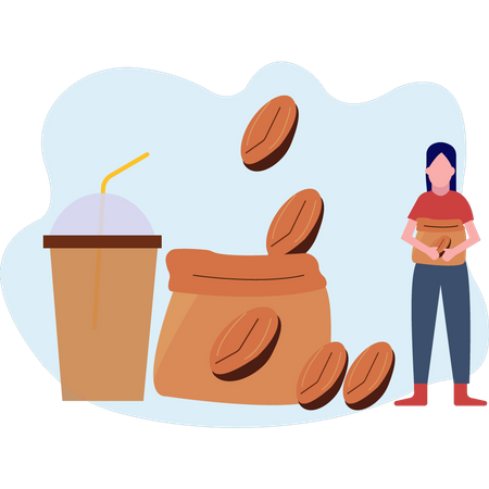 Girl holding sack of coffee  Illustration