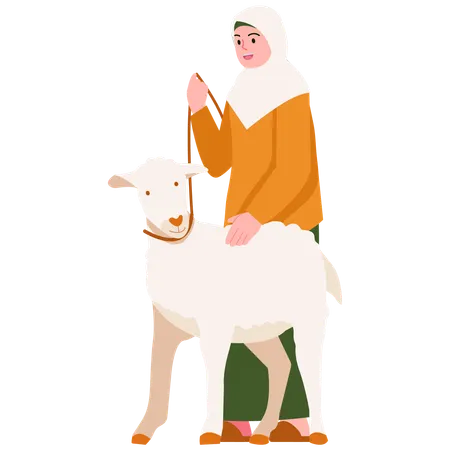 Girl Holding Sheep  Illustration