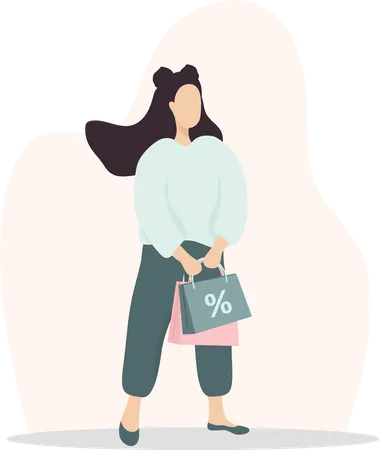 Woman Shopping Happy Girl Carrying Bags Vector Cartoon Illustration Isolated On White Background Promotion And Sale Template Illustration