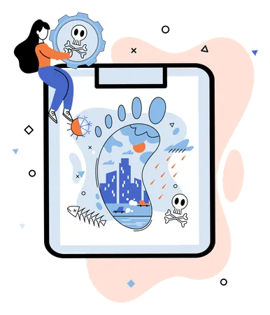 Girl holding skull while getting carbon footprint report  Illustration