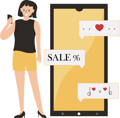 Girl holding smartphone got notification of sales in valentines day Illustration