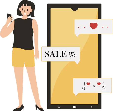 Girl holding smartphone got notification of sales in valentines day Illustration