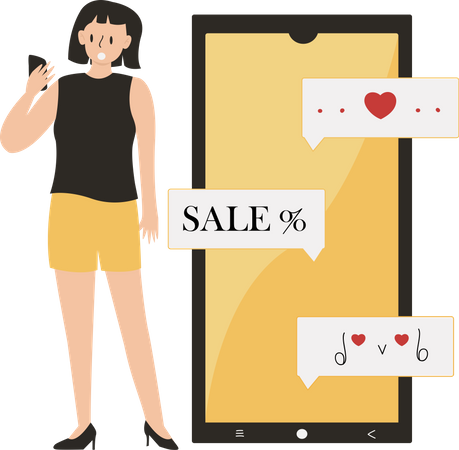 Girl holding smartphone got notification of sales in valentines day  Illustration