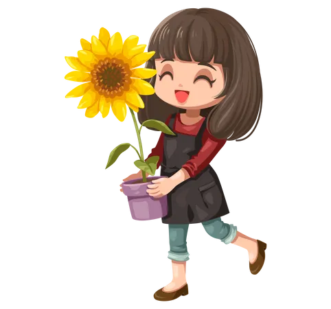 Girl holding sunflower pot Illustration