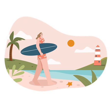 Girl holding surfboard on beach  Illustration