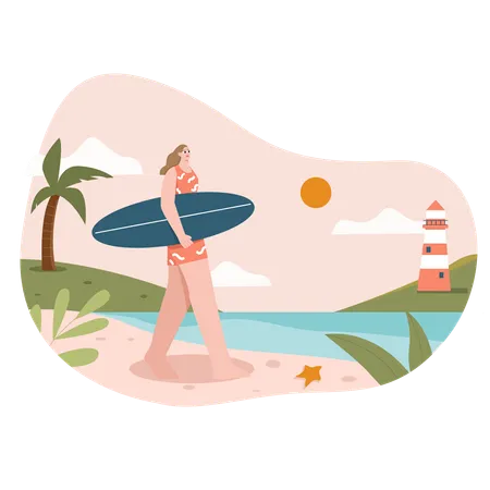 Girl holding surfboard on beach  Illustration