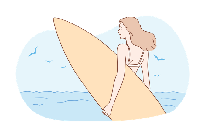 Girl holding surfing board  Illustration