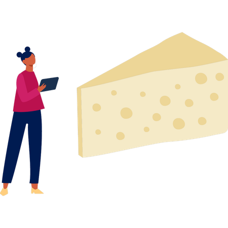 Girl holding tab and looking cheese piece  Illustration