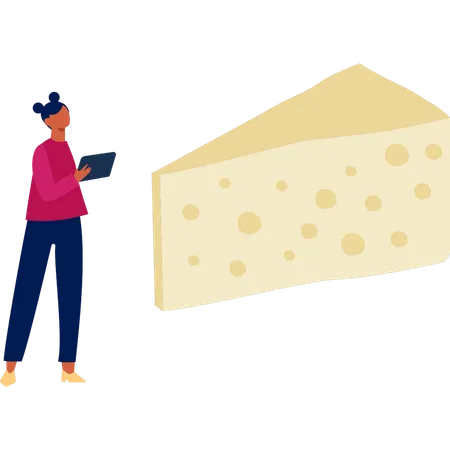 Girl holding tab and looking cheese piece  Illustration