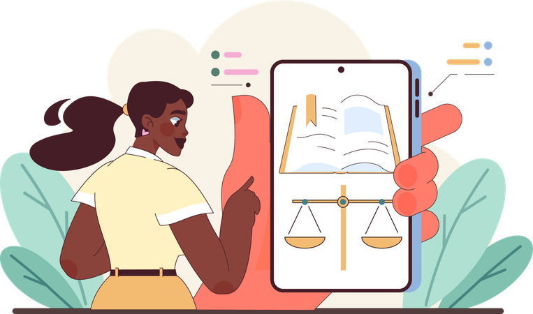 Girl holding tablet displaying scales of justice  Illustration