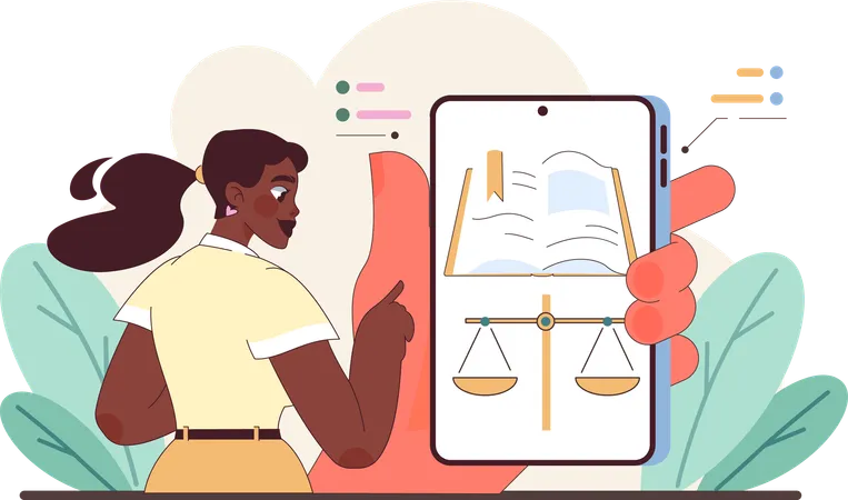 Girl holding tablet displaying scales of justice  Illustration