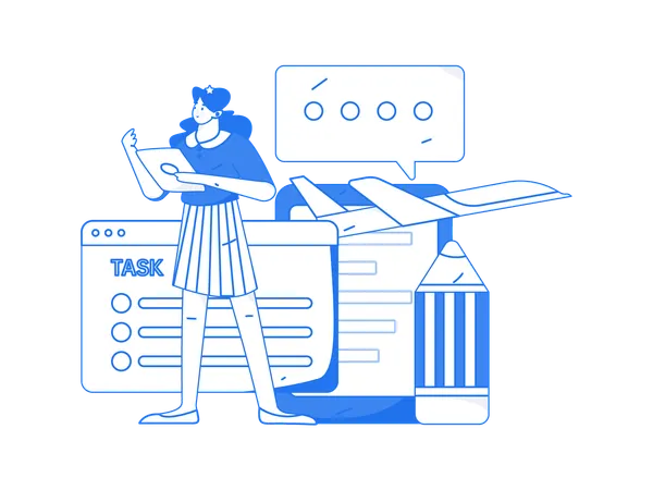 Girl holding tablet while checking business task  Illustration