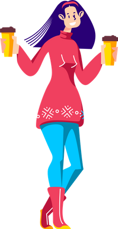 Girl holding takeaway coffee cups in hands  Illustration