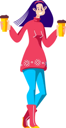 Girl holding takeaway coffee cups in hands Illustration