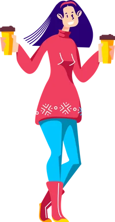 Girl holding takeaway coffee cups in hands  Illustration