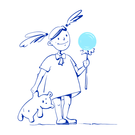 Girl holding teddy bear and lollipop  Illustration