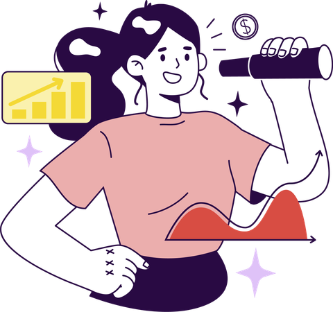 Girl holding telescope and finding financial vision  Illustration