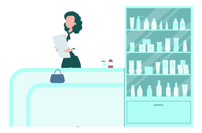Girl Holding The Paper In Pharmacy  Illustration